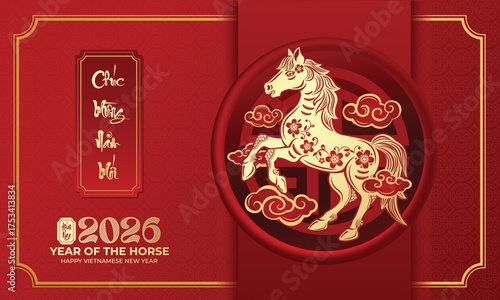 Tet Holiday 2026 – Golden Horse Zodiac with Cloud and Floral Ornaments on Red Background (Translation: Happy new year, year of the horse)