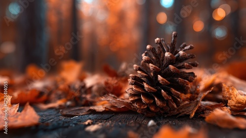 A beautifully captured pine cone rests among vibrant autumn leaves, surrounded by a warm and inviting atmosphere, symbolizing the beauty of the fall season and nature's gifts.
