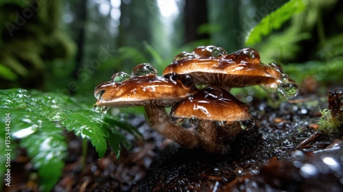 Three enchanting mushrooms rise from a forest floor, adorned with droplets of dew, presenting a magical nature scene filled with lush greenery and the beauty of woodland life.