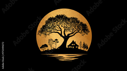 Tranquil golden circle island silhouette with a majestic tree and charming house, reflecting on water against a dark background