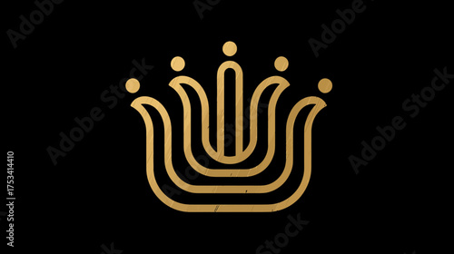 Golden abstract regal emblem on black. Elegant luxury design symbol, minimalist crown icon, premium graphic element, decorative insignia.