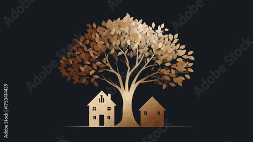 Golden Tree with Stylized Houses - Real Estate, Property Investment, Sustainable Living, Home, and Community Growth