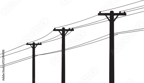Black silhouette of utility poles and power lines against white background electricity infrastructure