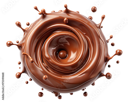 Chocolate splash vortex with droplets isolated on white background