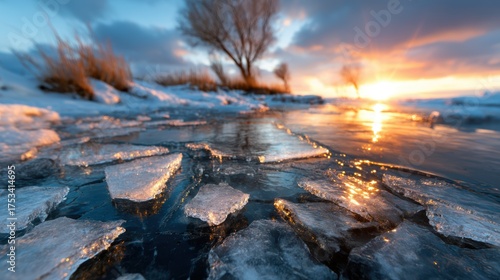 Breathtaking twilight reflects off an icy surface, creating a serene and tranquil atmosphere that captures the beauty of nature's moments and the transition of day to night.