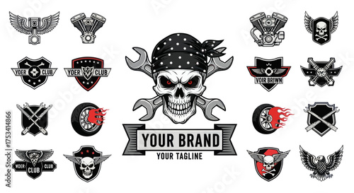 Biker Skull Emblem Collection with Wrench and Bandana.