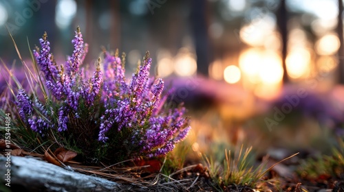 Experience the enchanting beauty of heather blooms glistening in the soft light of a sunlit forest, emphasizing nature's wonders and the joy of exploring outdoor scenes.