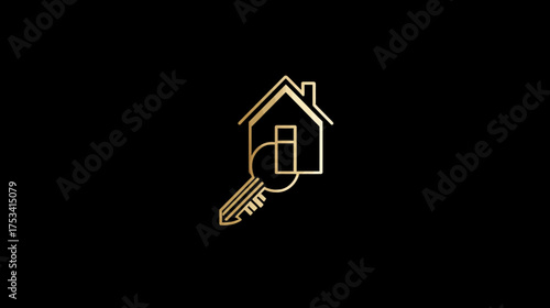 Elegant golden outline house icon with a key on a black background, symbolizing real estate, home ownership, property, and investment.