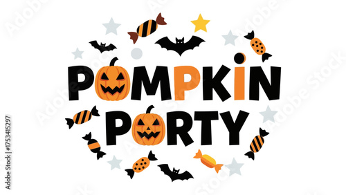Pumpkin Party Design: A delightful pumpkin party design, complete with jack-o'-lanterns, bats, candies and stars, creating a festive and whimsical atmosphere. 