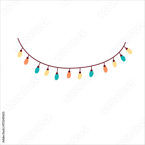 Colorful string lights hanging in a curved line. The lights are in various colors including yellow, orange, and blue. Suitable for festive decorations.