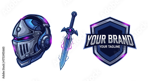 Gaming Logo Set Featuring Knight Helmet, Sword, and Shield with Futuristic Design.