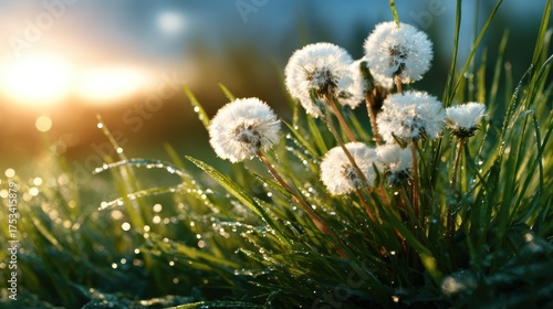 Delicate dandelions covered in morning dew glisten in the soft light, illustrating the beauty of nature and the essence of tranquility and freshness found in serene outdoor settings.