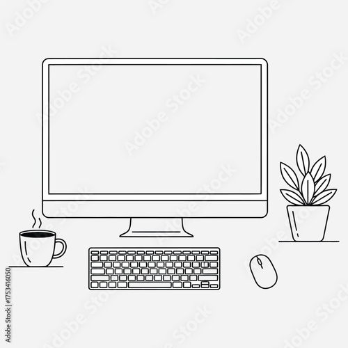 Minimalist illustration of a computer setup with a keyboard, mouse, coffee mug, and plant on a desk