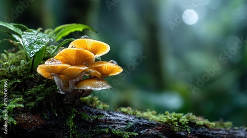 A cluster of vibrant orange mushrooms emerges amidst the green foliage of a rainforest, showcasing the beauty of nature and the diversity of its ecosystems.