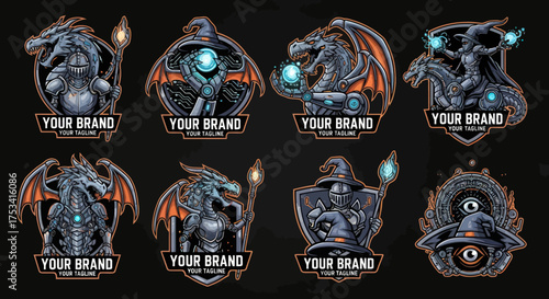 Collection of Dragon Mascot Logos with Magical Orbs and Customizable Branding.