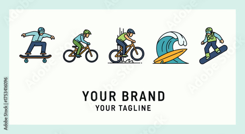 Collection of extreme sports character illustrations for branding.