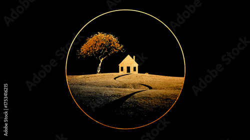 Minimalist golden house and tree on a serene hill with a winding path, enclosed in a circular frame, evoking peace and home aspiration.