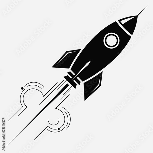 Dynamic vector icon depicting a sleek black rocket launching skyward, symbolizing rapid business growth, startup success, and technological innovation towards future achievements