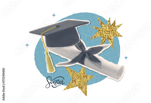 Isolate halftone Collage with diploma scroll , graduation cap and golden glitter stars. Educational surreal pop-art collage. Vintage vector illustration.