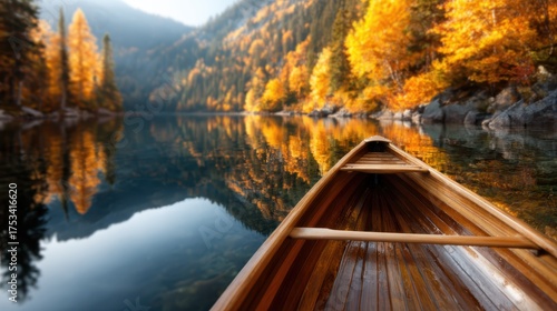 A tranquil scene featuring a wooden boat on a serene lake surrounded by vibrant autumn colors, offering a peaceful escape into nature's beauty and reflections.