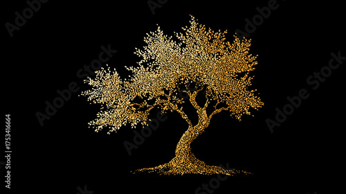 Luxurious Golden Olive Tree Illustration with Glittering Texture on Black Background, Elegant Nature, Wealth, Growth, and Prosperity Concept