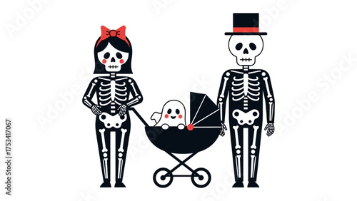 Spooky Family Portrait: A creatively illustrated image captures a playful depiction of a skeleton family, complete with a baby, radiating the essence of Halloween spirit and fun.