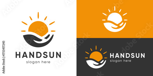 Creative simple hand sun logo template. Sun care logo design vector illustration.