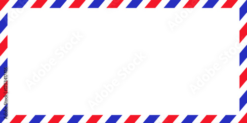 Air mail letter. Post stamp. Airmail frame postcard. Blue red stripes pattern. Mockup template envelope. Vector illustration