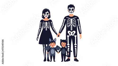 Halloween Family Portrait: A family of four, dressed in skeleton costumes and bat costumes. Standing hand in hand against a backdrop of fun and spookiness, they exude the essence of Halloween spirit.