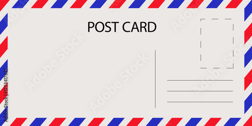 Blank minimalist vintage vector postcard template with red and blue airmail border stripes.