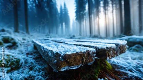 An artistic depiction of a rustic wooden table topped with frost amidst a serene winter forest, evoking feelings of tranquility and cold beauty in nature.