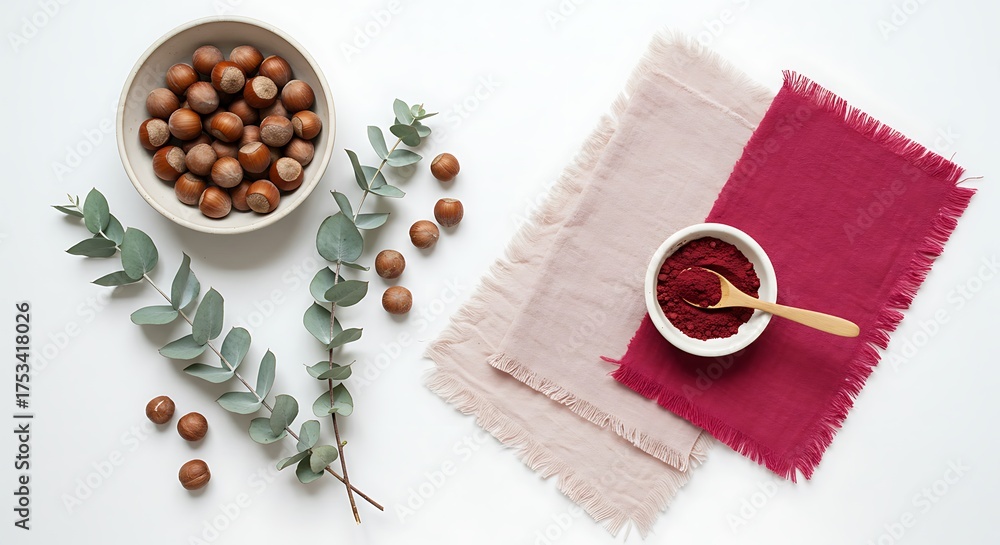 Obraz premium Natural dye mordant process bowl of hazelnuts with eucalyptus and berry paste on napkins