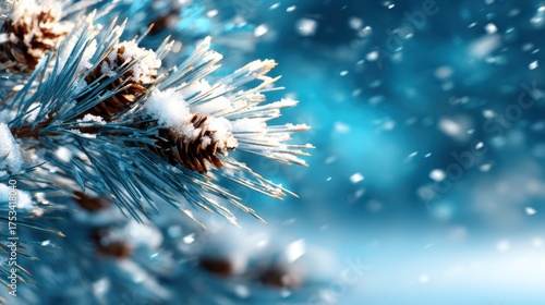 A serene winter scene featuring pine cones blanketed in fresh snow, creating a tranquil atmosphere that embodies the beauty of nature during the cold season.