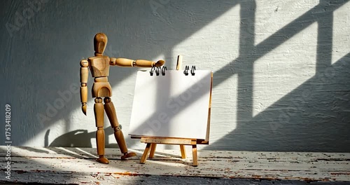 Wooden mannequin presenting blank canvas