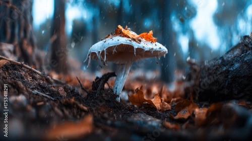 A striking mushroom stands amidst fallen autumn leaves in a serene forest, symbolizing the beauty of nature’s cycle and the richness of the woodland environment.
