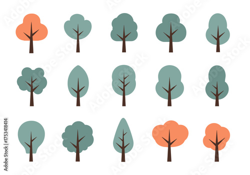 A collection of stylized trees in various shapes and colors representing nature's diversity.