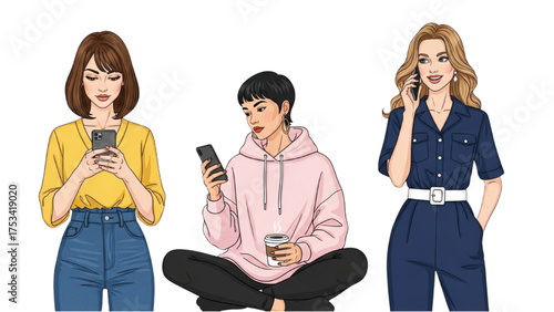 Diverse set of young women using smartphones for modern communication and social networking