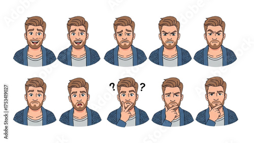Vector set of diverse male facial expressions, showcasing a bearded man's emotional spectrum from joy to confusion