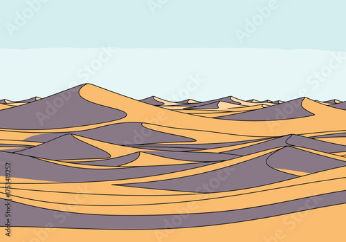 A vast expanse of undulating sand dunes stretches across the arid landscape under a clear blue sky.
