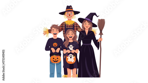 Halloween Family: A family joyfully poses, dressed in festive Halloween costumes, carrying treat bags, evoking the spooky spirit of the season, capturing the joy of All Hallows' Eve. 
