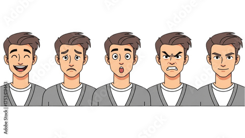 Diverse Emotional Expressions of a Man in Vector Art Happiness, Sadness, and More