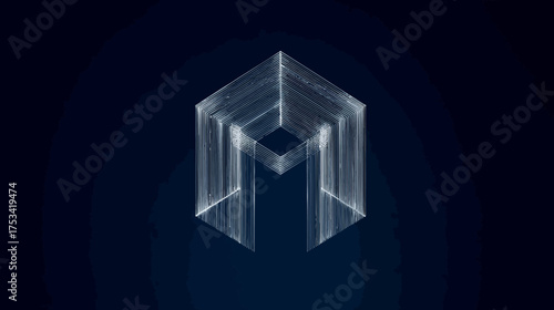 Futuristic Abstract Geometric Glowing Structure, Modern Digital Art with Luminous Lines on Dark Background, High-Tech Design