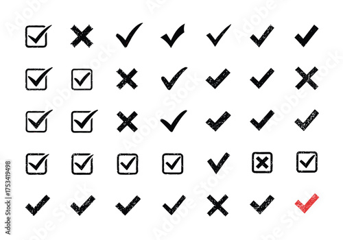 Collection of various hand drawn checkmarks and crosses in black and red on a white background.