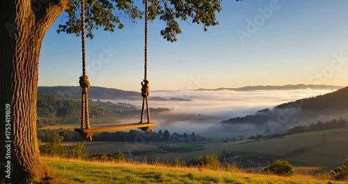 Wooden swing scenic sunrise