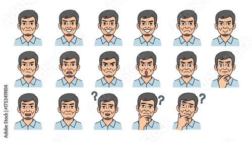 Diverse facial expressions of a man in a grid, showcasing various emotions and moods