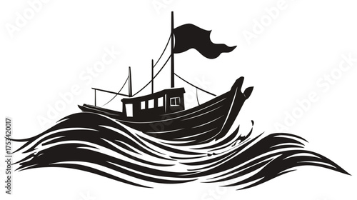 Traditional fishing boat silhouette navigating rough ocean waves. Classic black and white marine vessel illustration.