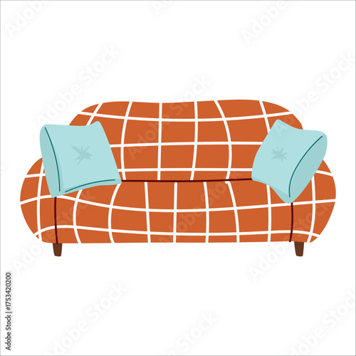 A cozy orange couch with a grid pattern and two light blue cushions. The couch is designed for comfort and style, suitable for modern living spaces.