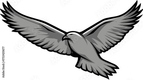 Stylized gray bird in flight vector illustration, soaring raptor with spread wings, symbol of freedom, power, and courage.