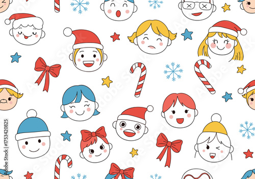 A cheerful and festive collection of holiday faces and seasonal icons on a white background.