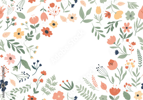 A delicate watercolor frame with an assortment of small wildflowers and scattered green leaves.
